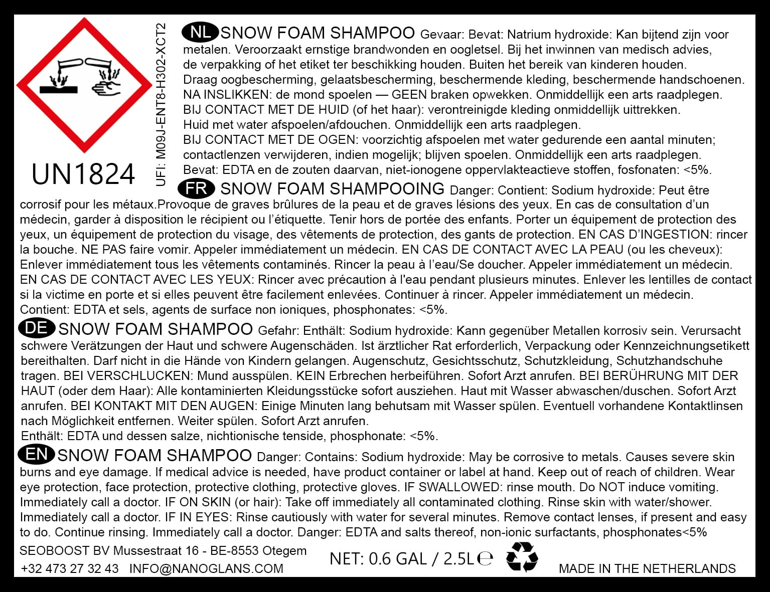 Waarschuwingsetiket voor Snow Foam Shampoo.
