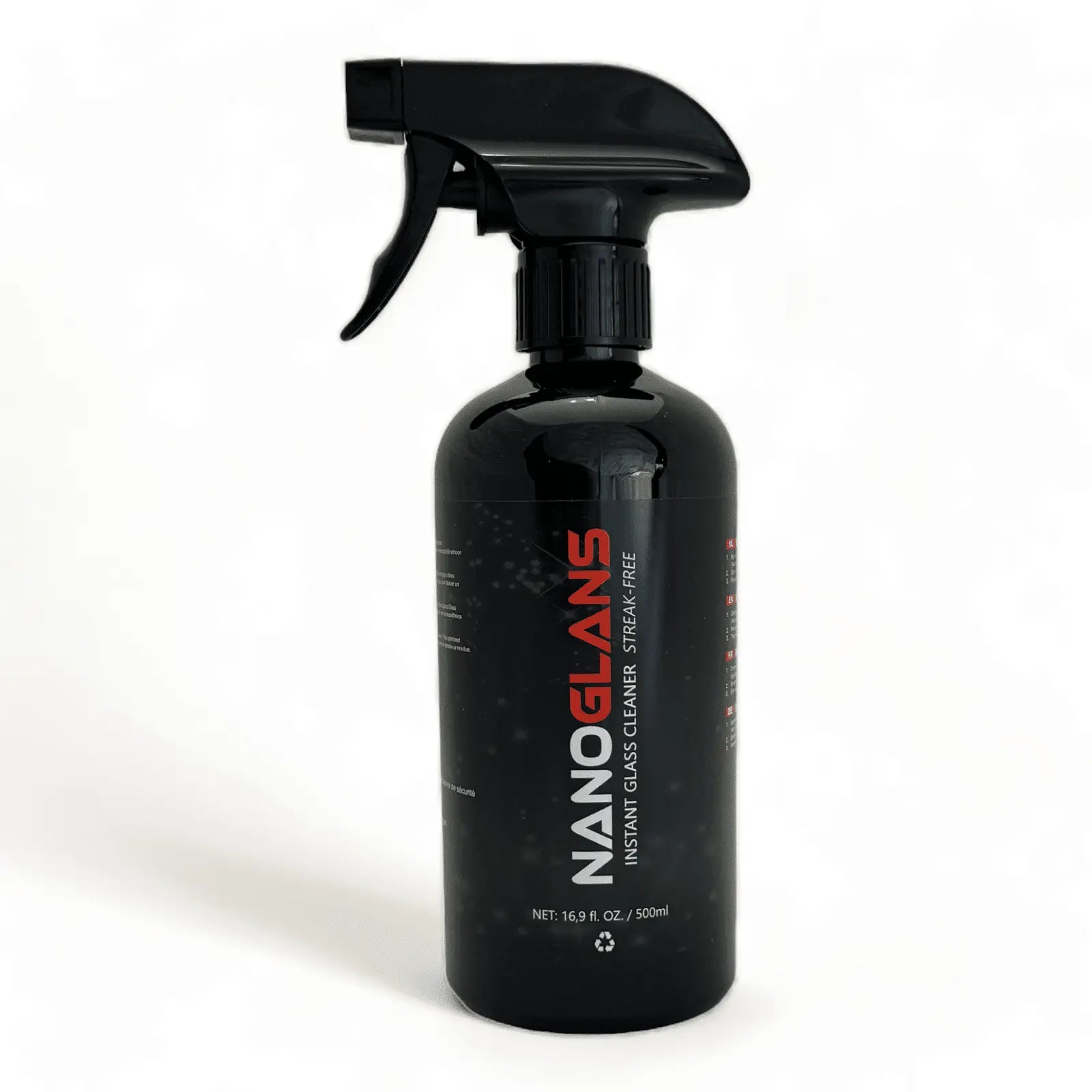 Zwarte spuitfles schoonmaakmiddel Nanoglans 500ml.