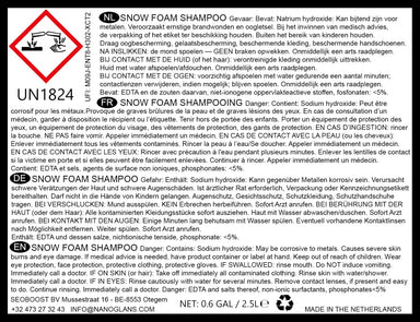 Waarschuwingsetiket voor Snow Foam Shampoo.