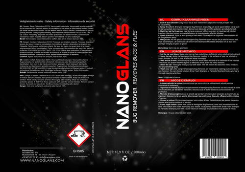 Productetiket van Nanoglans insectenverwijderaar autoverzorging.