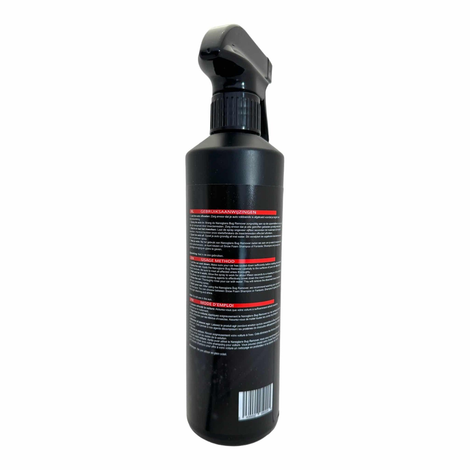 Zwarte spuitfles met gebruiksaanwijzing en barcode.