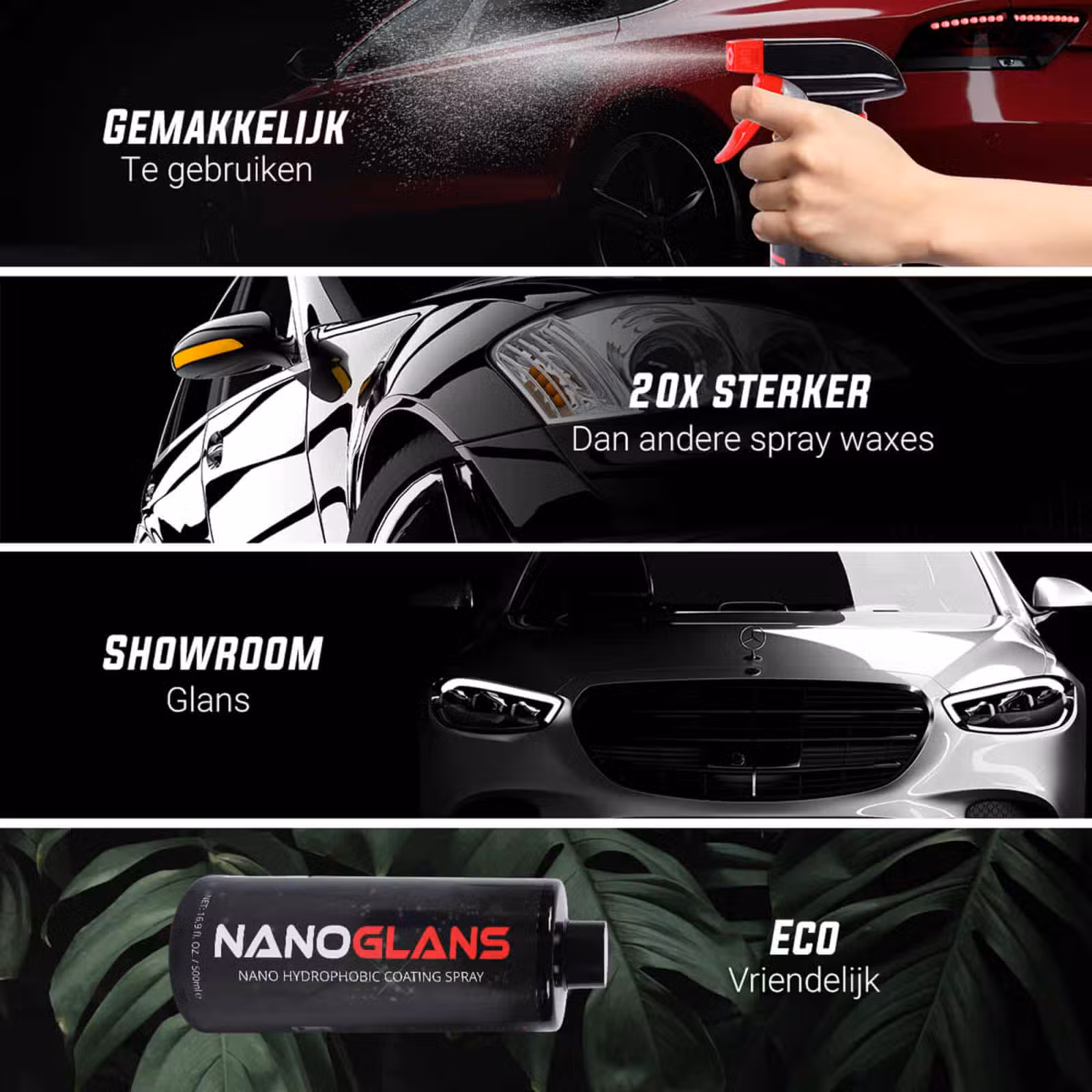Spray publicitaire pour cire de voiture avec effet brillant.