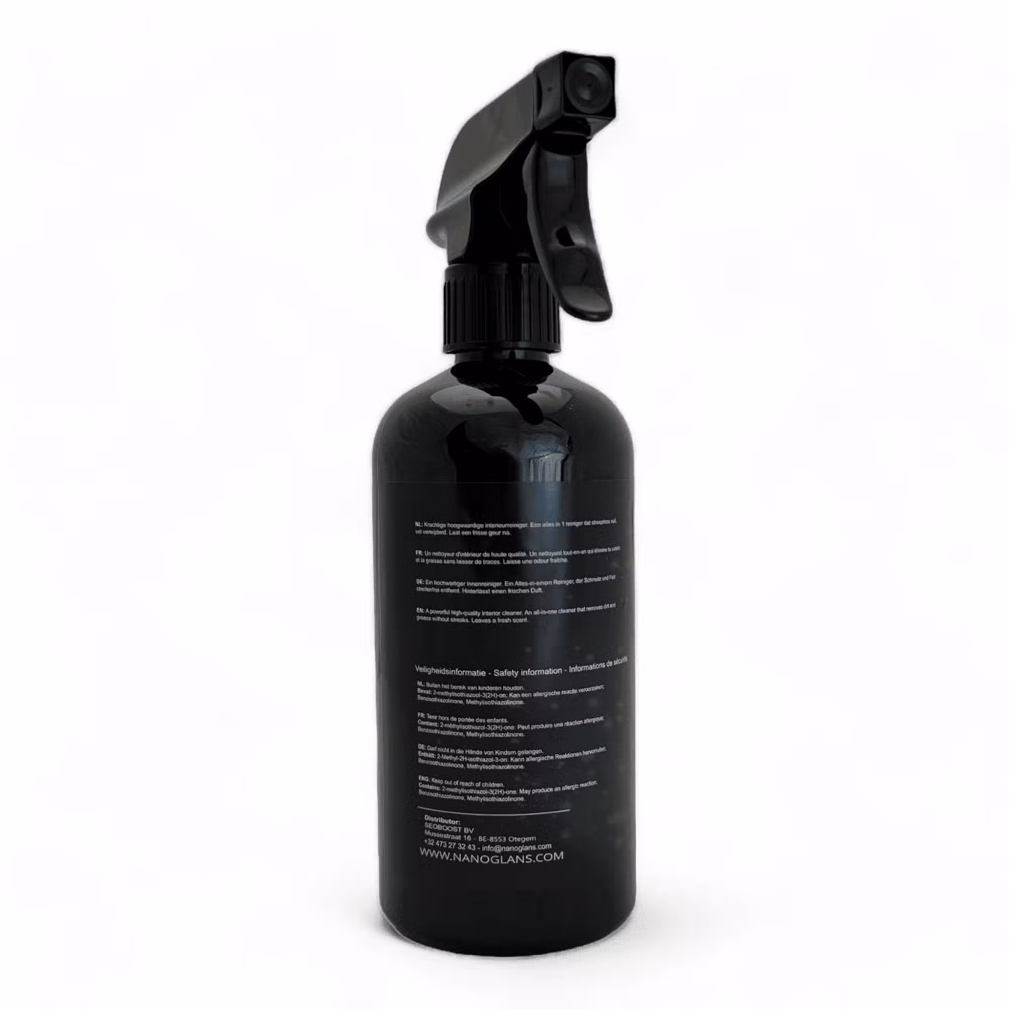 Black spray bottle with text on white background