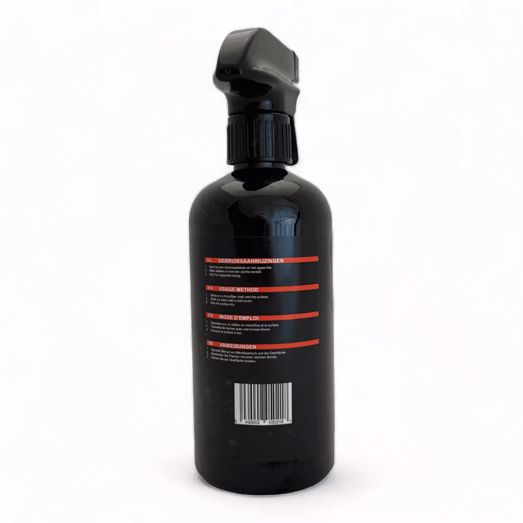 Black spray bottle with label and instructions for use
