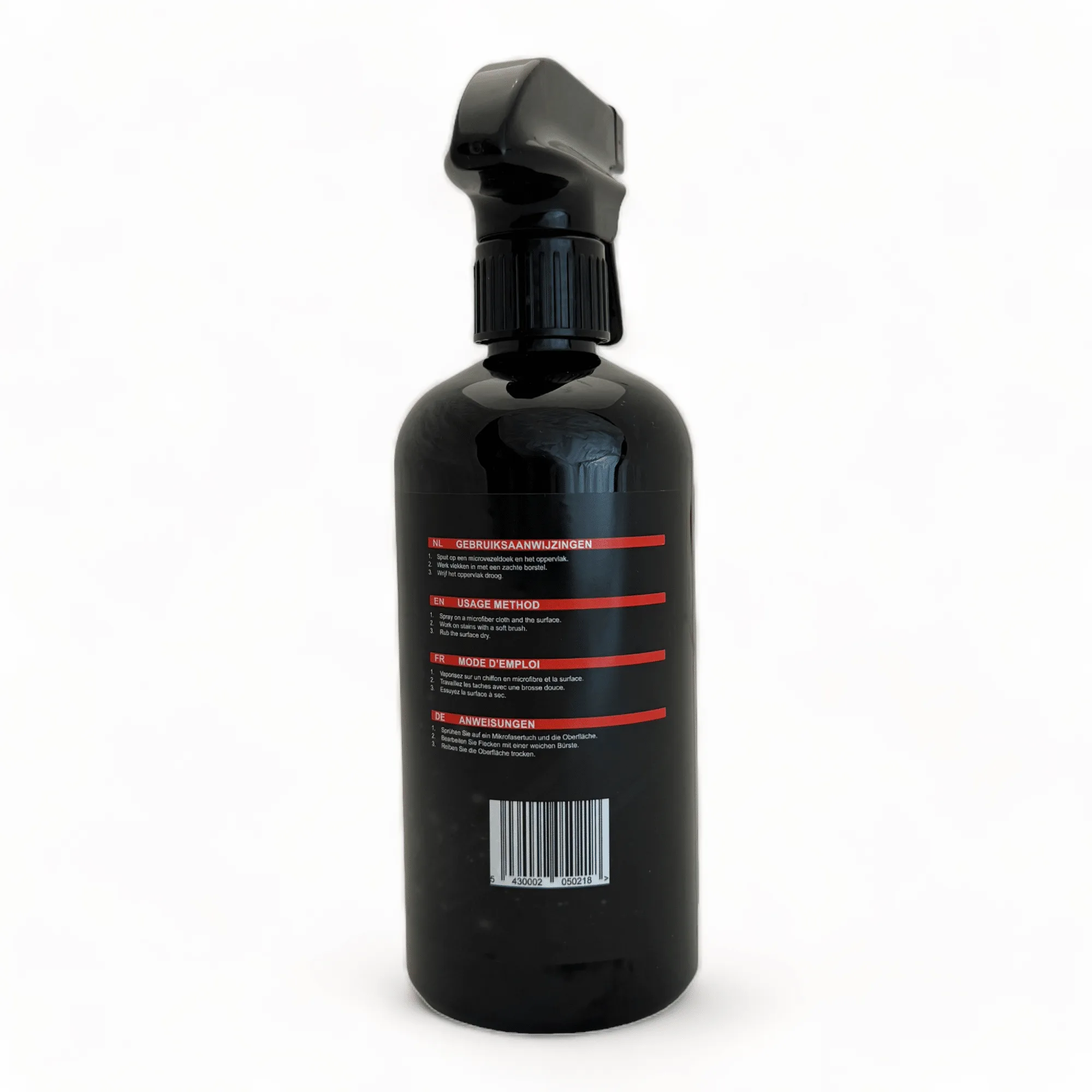 Zwarte spuitfles met etiket en gebruiksaanwijzing