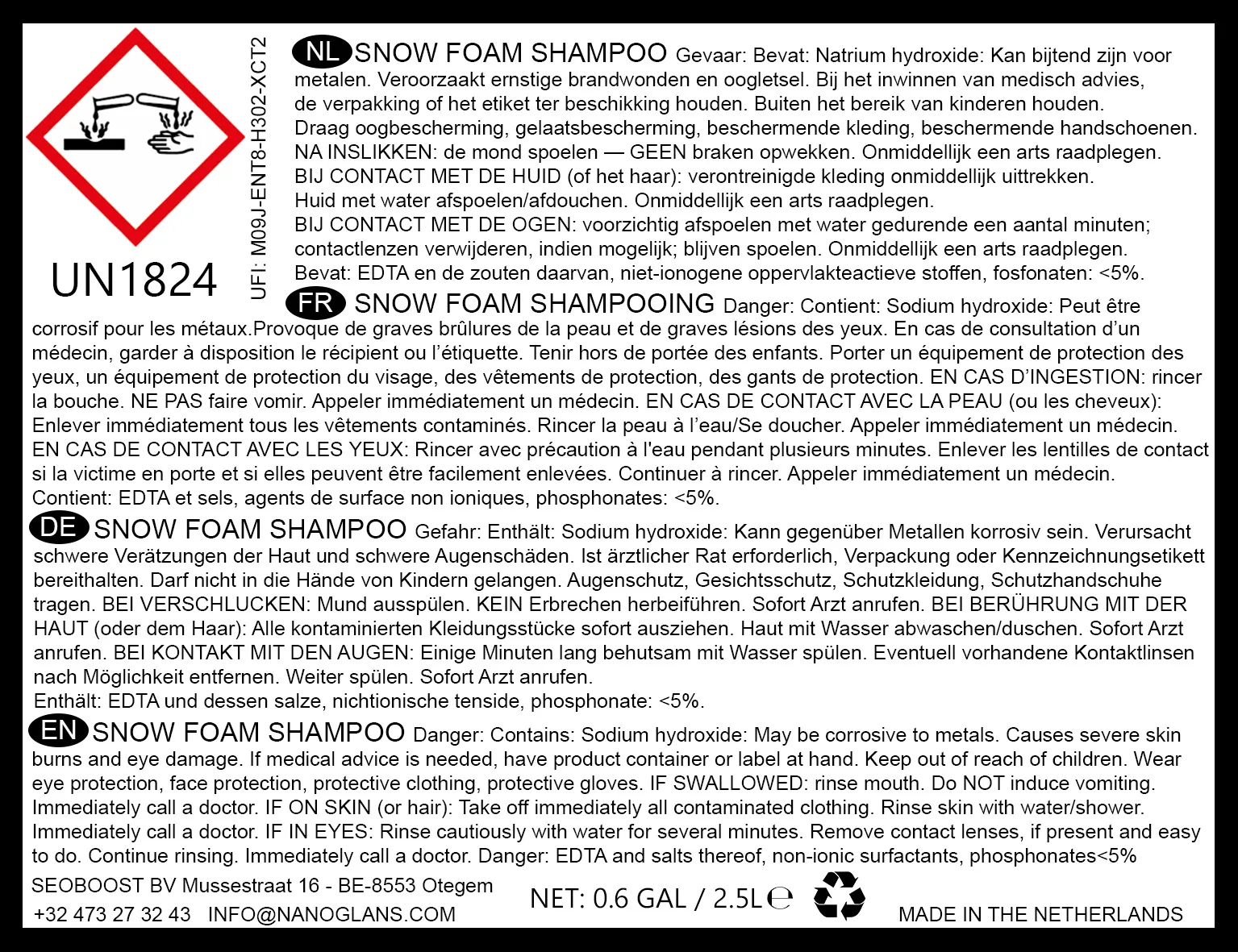 Waarschuwingsetiket voor Snow Foam Shampoo.